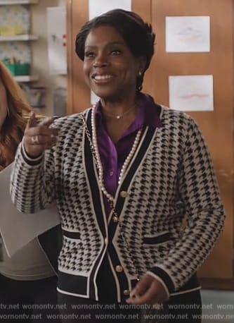 Barbara’s houndstooth print cardiagn on Abbott Elementary