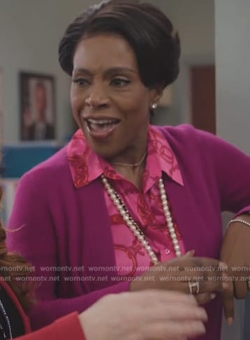 Barbara’s pink chain print blouse on Abbott Elementary