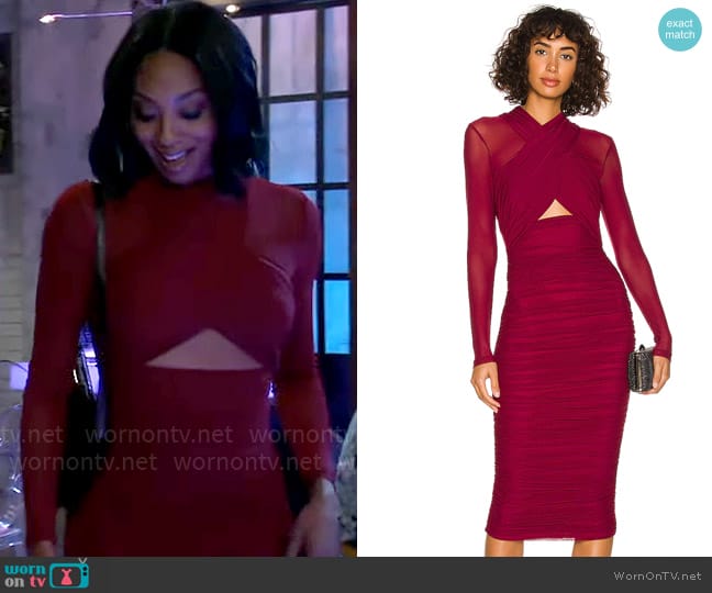 Bardot Aliyah Dress in Burgundy worn by Jordan Ashford (Tanisha Mariko Harper) on General Hospital