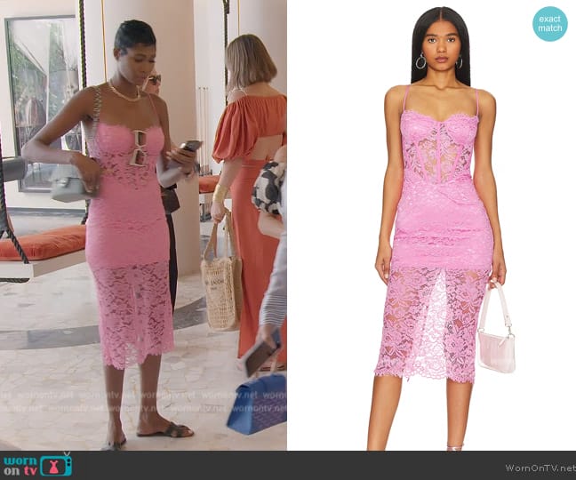 Bardot Olina lace corset midi dress in pink worn by Kiki Barth (Kiki Barth) on The Real Housewives of Miami