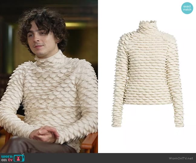 Bottega Veneta Fish Scale Wool-Blend Sweater in Dove worn by Timothee Chalamet on Good Morning America