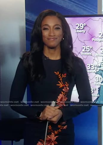 Brittany’s navy floral embroidered dress on Good Morning America