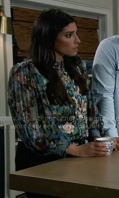 Brook Lynn’s floral pleated sleeve blouse on General Hospital