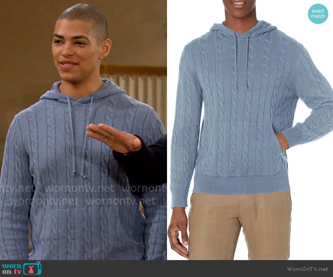 Brooks Brothers Cotton Cable Knit Hoodie Sweater worn by Zende Forrester Dominguez (Delon De Metz) on The Bold and the Beautiful