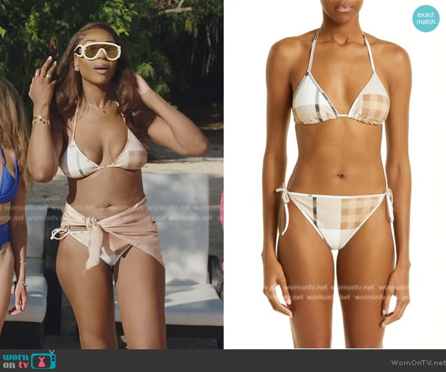 Burberry Cobb Check Two-Piece Swimsuit worn by Wendy Osefo on The Real Housewives of Potomac
