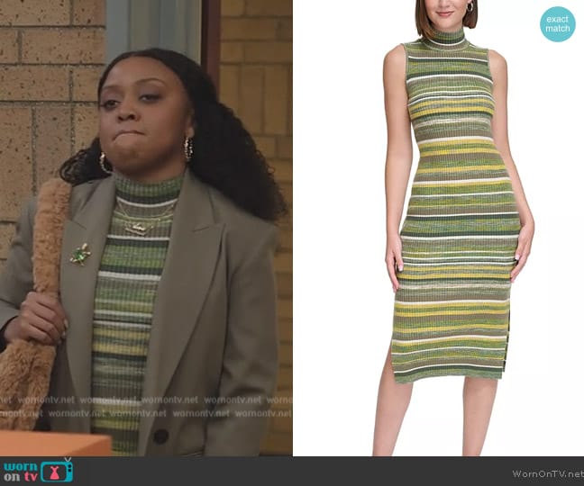 Calvin Klein Spacedye Stripe Mock-Neck Bodycon Dress worn by Janine Teagues (Quinta Brunson) on Abbott Elementary