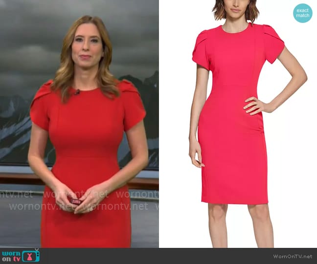 Calvin Klein Tulip-Sleeve Scuba-Crepe Sheath Dress worn by Stephanie Abrams on CBS Mornings