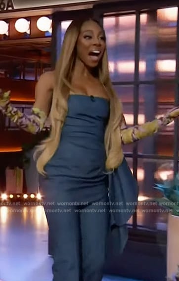 Candiace’s denim drape mini dress on The Kelly Clarkson Show