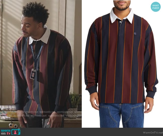Carhartt Work in Progress Vertical Stripe Cotton Rugby Shirt worn by (Zack Fox) on Abbott Elementary