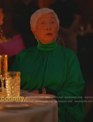 Celia’s green satin fringe dress on Death and Other Details