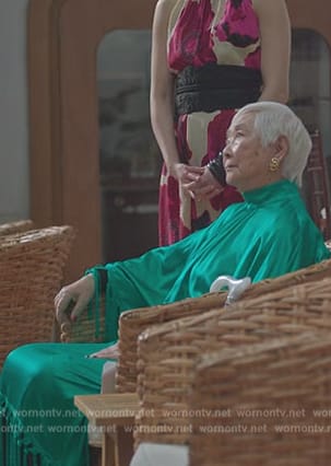 Celia’s green satin fringe dress on Death and Other Details