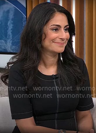 Dr Celine Gounder’s black dress with white stitching on CBS Mornings