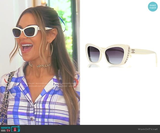Chanel Acetate Pearl Cat Eye CC Sunglasses 5481-H in White worn by Dorit Kemsley on The Real Housewives of Beverly Hills