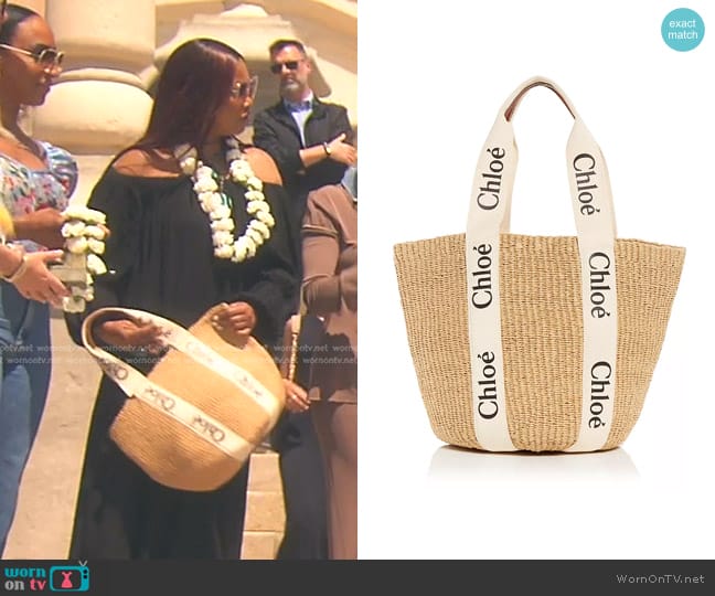 Chloe x Mifuko Woody Large Woven Basket Tote worn by Garcelle Beauvais on The Real Housewives of Beverly Hills