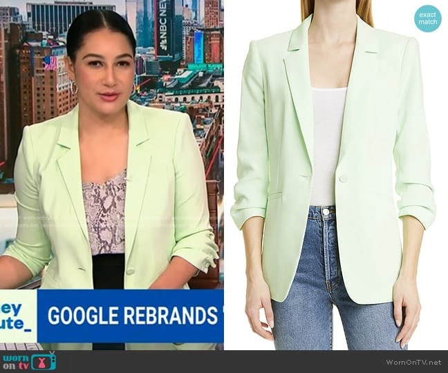 Cinq a Sept Khloe Ruched Sleeve Blazer in Peridot worn by Morgan Radford on NBC News Daily