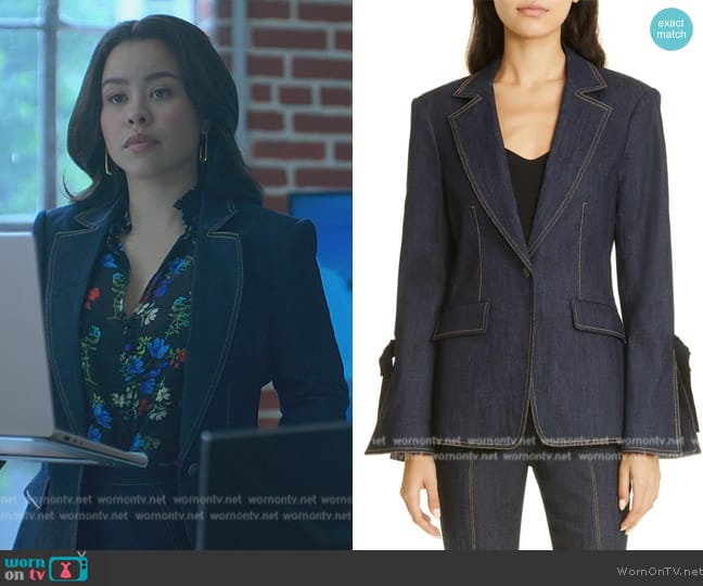Cinq a Sept Lou Tie-Cuff Topstitched Denim Blazer worn by Mariana Foster (Cierra Ramirez) on Good Trouble