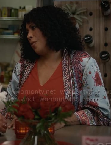 Cricket’s blue floral kimono on Not Dead Yet