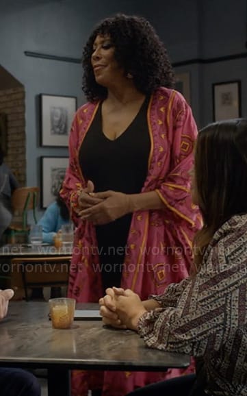 Cricket’s pink embroidered kimono on Not Dead Yet