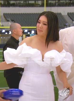 Crystal’s white ruffle off-shoulder dress on The Real Housewives of Beverly Hills