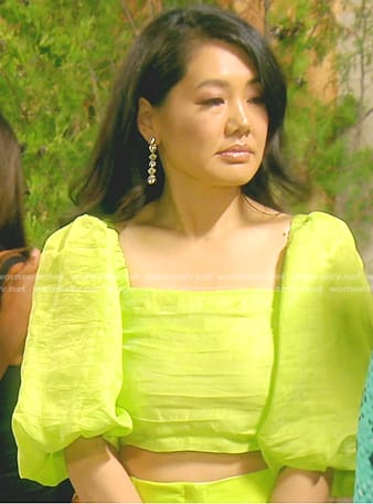 Crystal’s yellow cropped puff sleeve top and pants on The Real Housewives of Beverly Hills