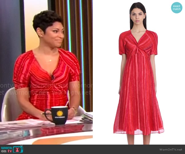 Cult Gaia Empire-line Striped Midi Dress In Red worn by Jericka Duncan on CBS Mornings