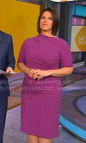 Dana Jacobson’s magenta sheath dress with asymmetric neckline on CBS Mornings