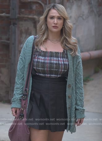 Davia’s teal cable knit cardigan on Good Trouble