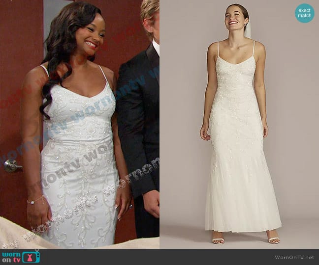 David's Bridal Allover Floral Beaded Godet Sheath Wedding Dress worn by Chanel Dupree (Raven Bowens) on Days of our Lives