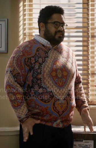 Dennis’s paisley print sweater on Not Dead Yet