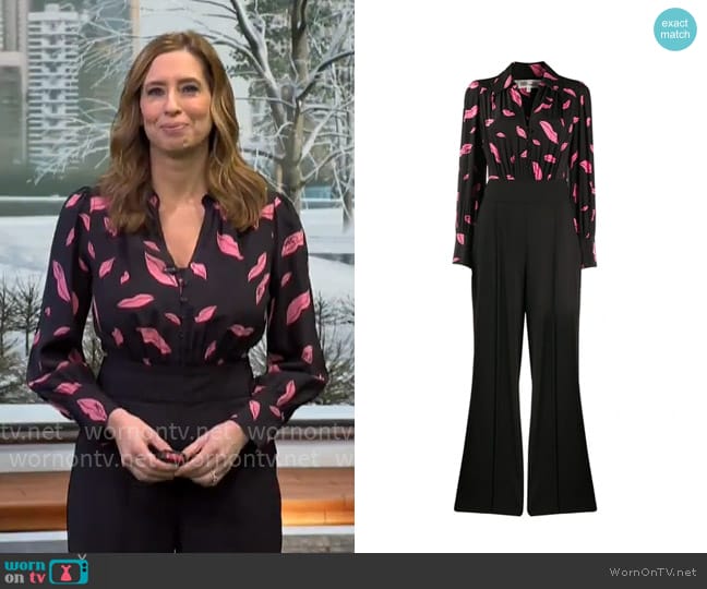 Diane von Furstenberg Sterling Jumpsuit in Lips Square Scarf Black worn by Stephanie Abrams on CBS Mornings