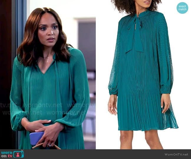 DKNY Long Sleeve Tie Neck Pleated Dress in Emerald Sea worn by Penelope (Stal Stowers) on Tyler Perrys Sistas