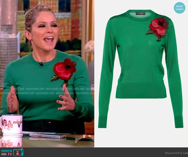Dolce & Gabbana Silk Knit Sweater with Floral Applique Detail worn by Sara Haines on The View