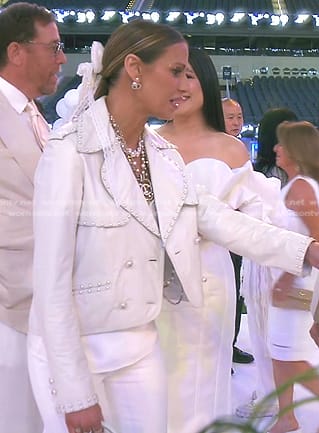 Dorit’s white pearl embellished leather jacket on The Real Housewives of Beverly Hills