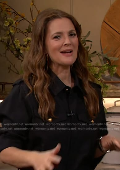 Drew’s black gold button shirt on The Drew Barrymore Show