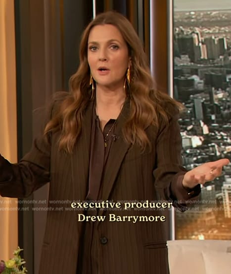 Drew’s brown stripe blazer and pants on The Drew Barrymore Show
