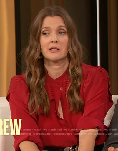 Drew’s red ruffle blouse on The Drew Barrymore Show