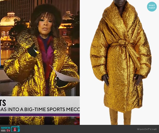 Dries van Noten Voltaire Oversize Lamé Puffer Coat worn by Gayle King on CBS Mornings