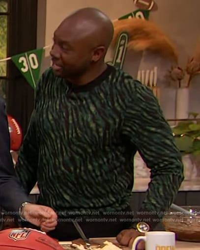 Eddie Jackson’s green animal stripe sweater on The Drew Barrymore Show