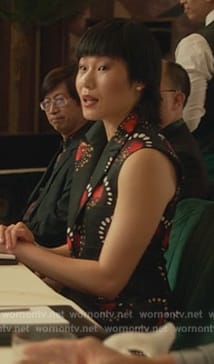 Eleanor’s black printed sleeveless blazer on Death and Other Details