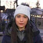 Emilie’s navy down coat and blue pom pom beanie on Today