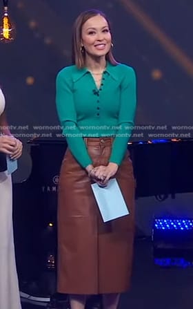 Eva’s green polo and brown leather skirt on Good Morning America