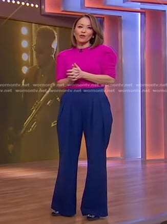 Eva’s pink puff sleeve sweater and blue pants on Good Morning America