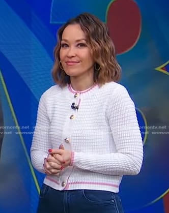 Eva’s white contrast trim cardigan on Good Morning America