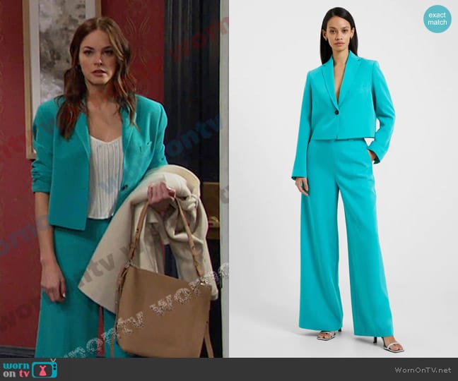 French Connection Echo Crepe Cropped Blazer in Jaded Teal worn by Stephanie Johnson (Abigail Klein) on Days of our Lives