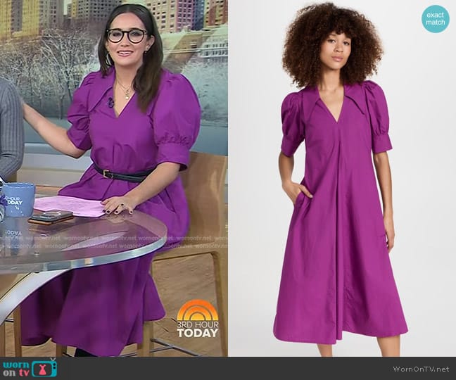 Ganni Cotton Poplin V Neck Dress in Purple Wine worn by Savannah Sellers on Today