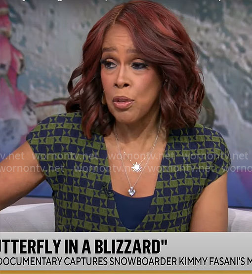 Gayle King’s olive and navy geometric print dress on CBS Mornings