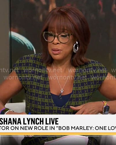 Gayle King’s olive and navy geometric print dress on CBS Mornings