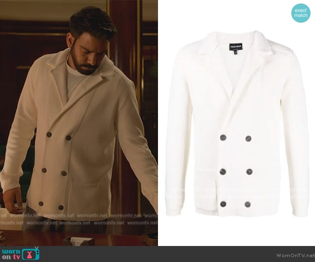 Giorgio Armani Knitted double-breasted cardigan worn by (Rahul Kohli) on Death and Other Details