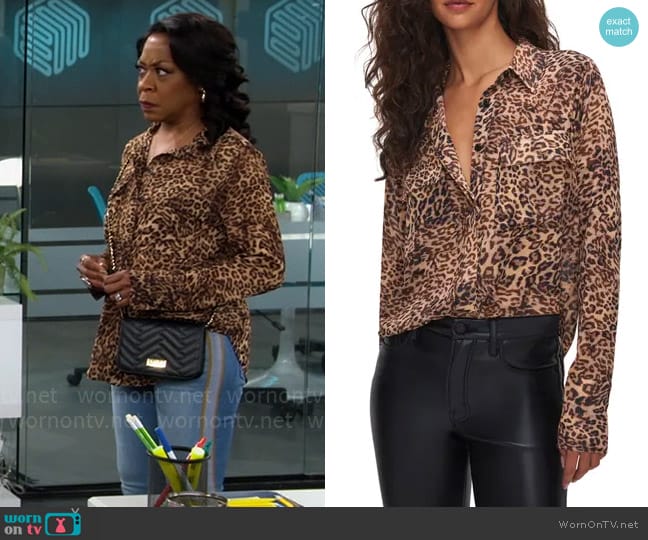 Good American Georgette Shirt in Wild Leopard003 worn by Tina Butler (Tichina Arnold) on The Neighborhood