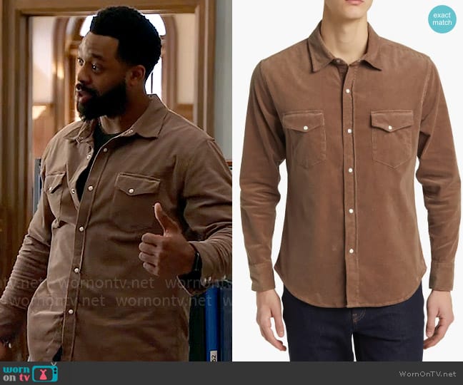 Goodlife Stretch Corduroy Snap Front Shirt in Timber worn by Kevin Atwater (LaRoyce Hawkins) on Chicago PD